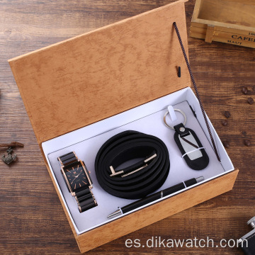 4pcs / Set Reloj de pulsera de cuarzo con banda de cuero de lujo para hombres de moda